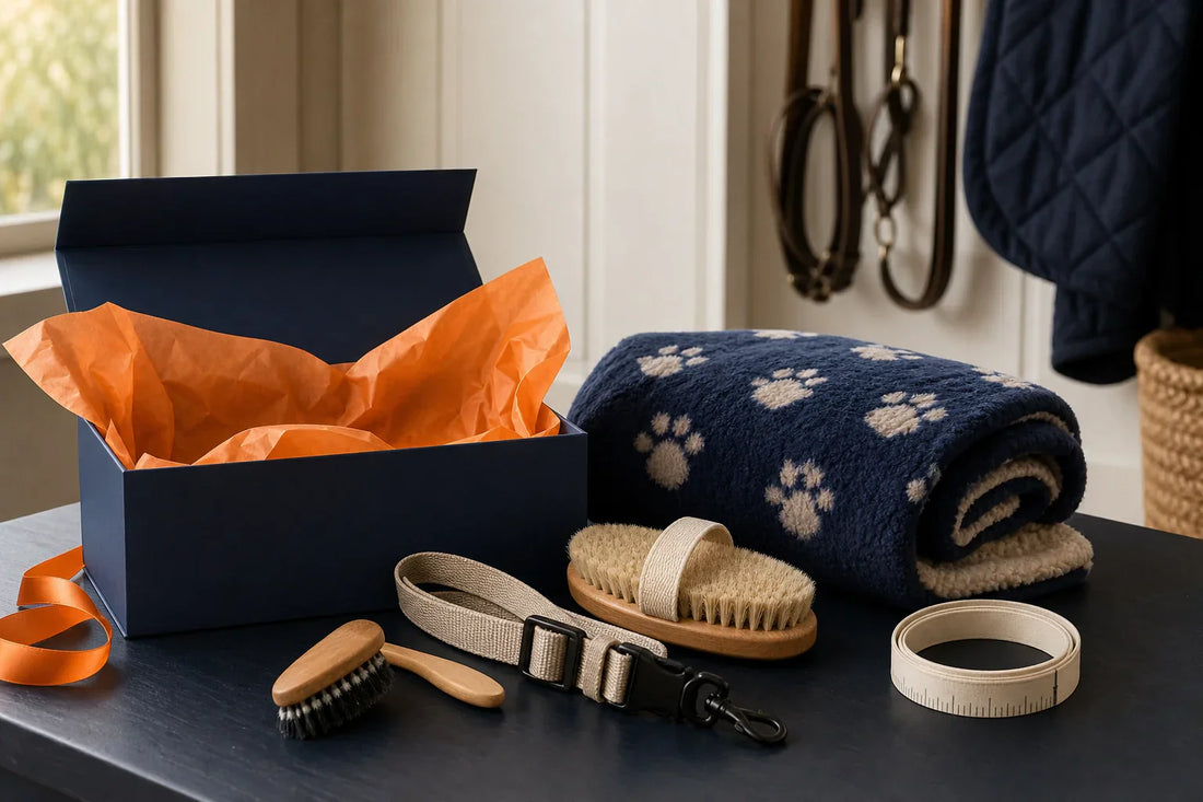 Geschenkbox mit Tierdecke, Pflegebürsten, Gurt und Maßband für Tierfreunde