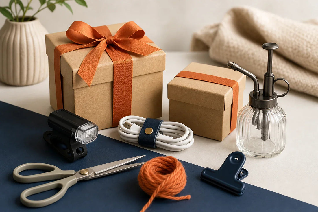 Kleine Geschenkboxen mit Fahrradlicht, Kabelhalter, Pflanzensprüher, Schere und Garn