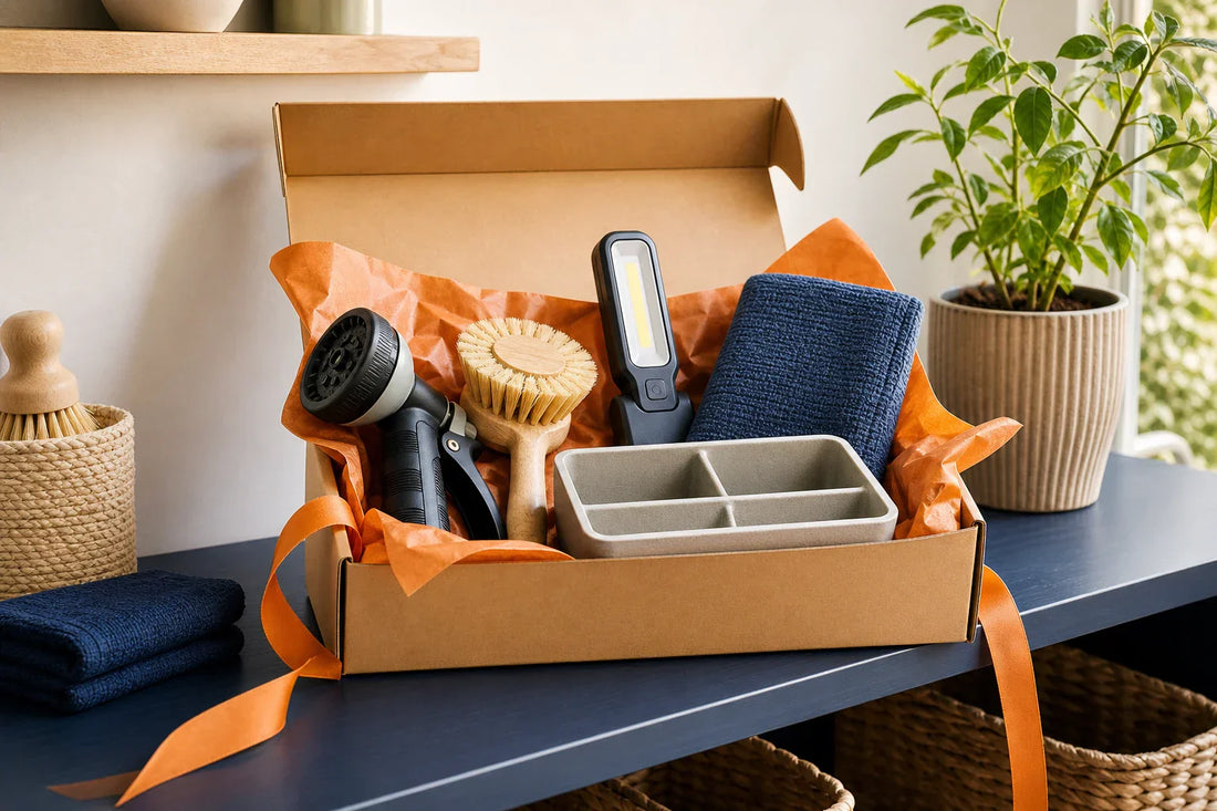 Geschenkbox mit Gartendüse, Bürste, Leuchte, Tuch und Organizer für Haushalt und Garten