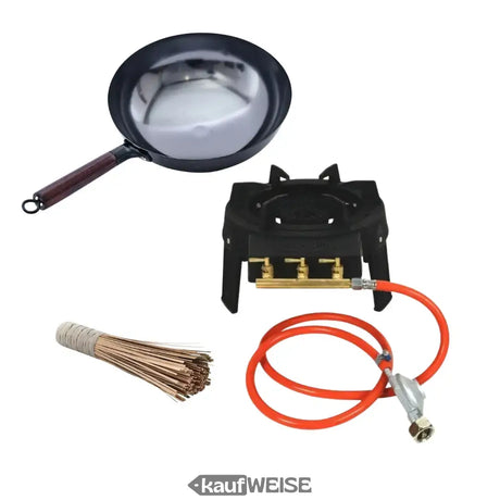Grill Guru Set doble easy para wok asiático (9 kW): parrilla profesional de gas con wok y limpiador de bambú
